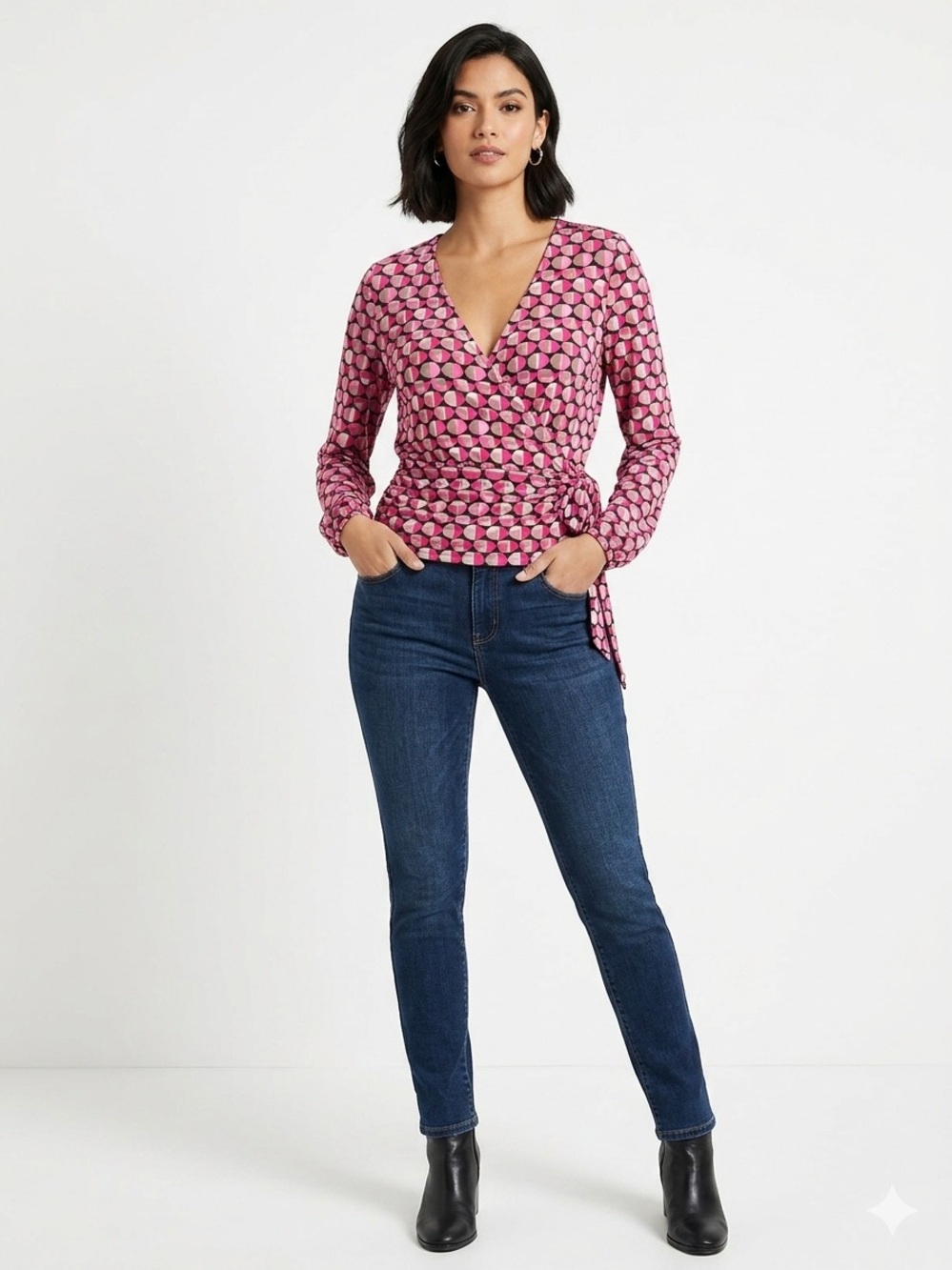 Anne Klein NWOT Geometric Faux Wrap Top Stretchy Long Sleeve